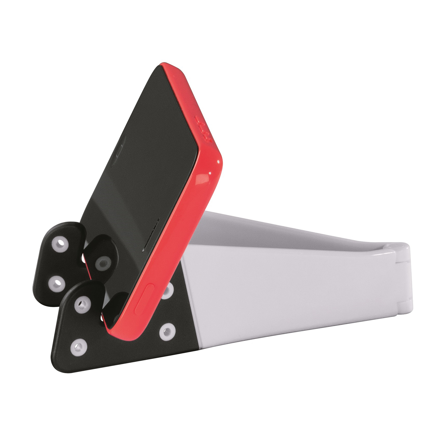 Ein rotes Smartphone auf einem weißen Handyhalter mit schwarzen Klammern.