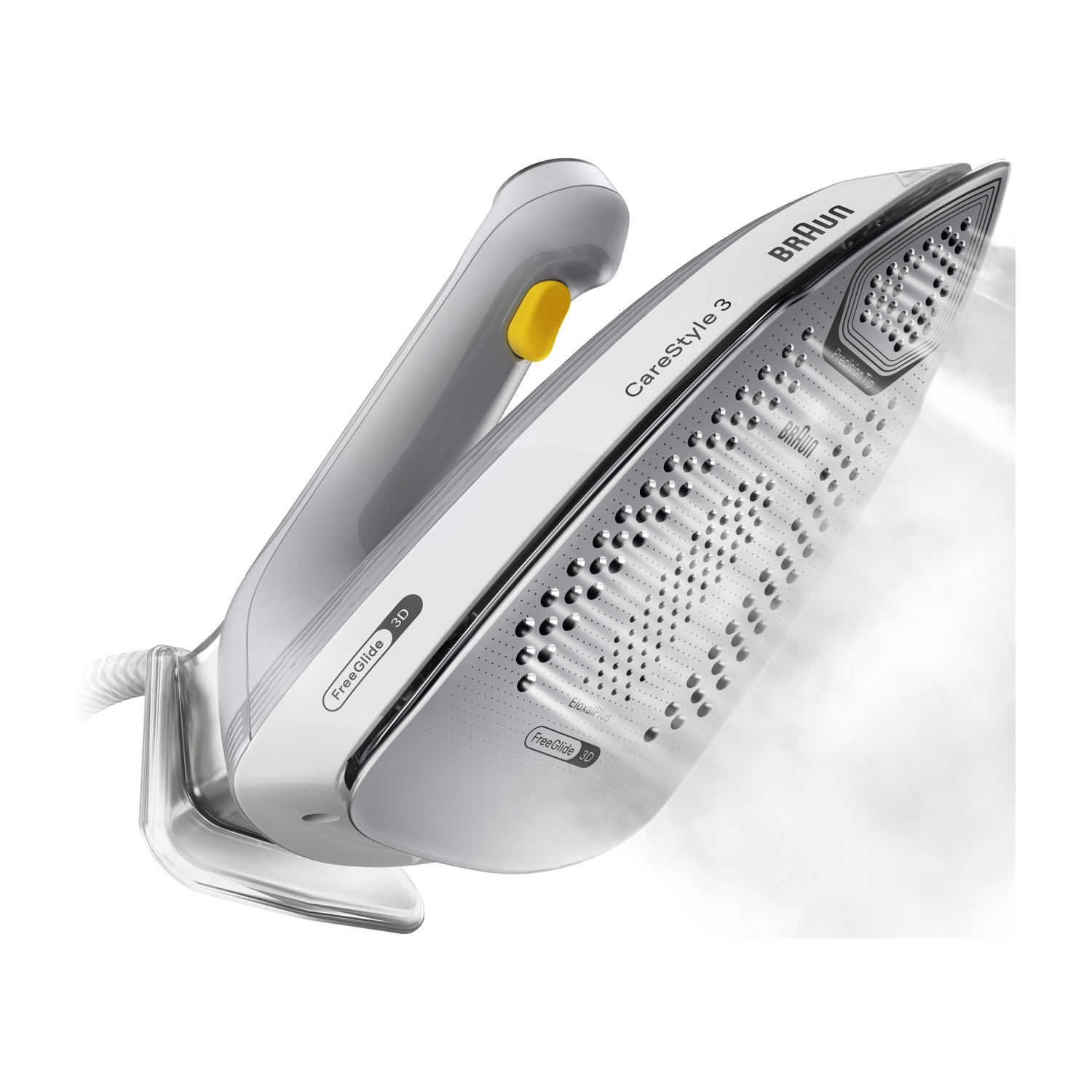 Ein weiß-graues Braun Bügeleisen mit gelbem Knopf und Dampf.