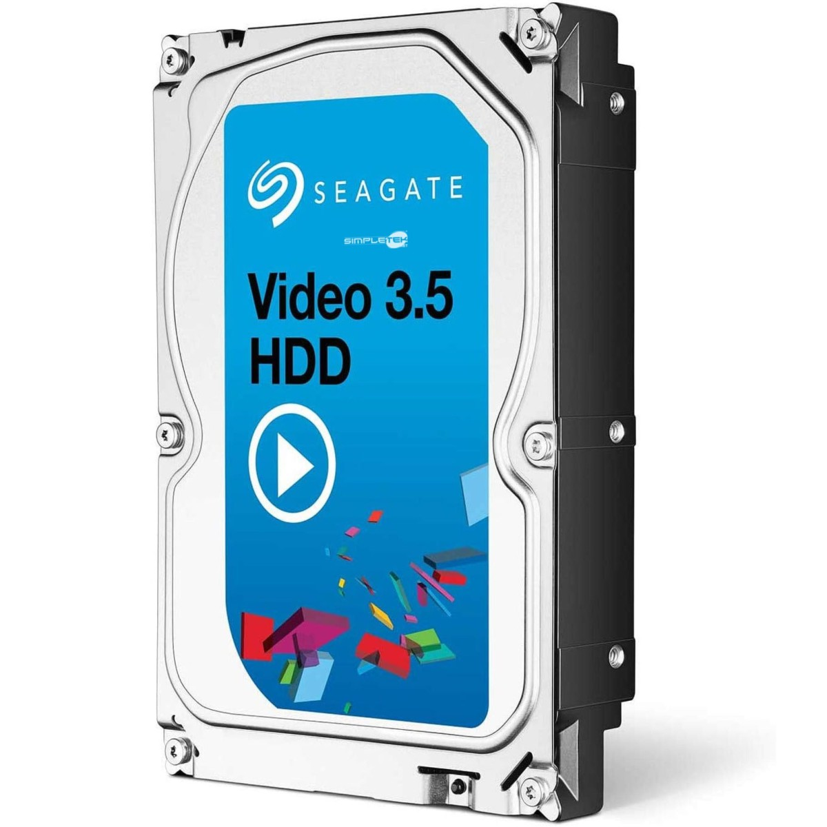 Seagate 3,5-Zoll-Festplatte mit Play-Symbol und bunten Blöcken.