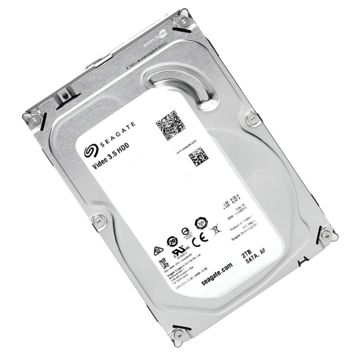 Ein silberner Seagate 3,5-Zoll-Festplattenlaufwerk mit einem weißen Aufkleber mit QR-Codes.