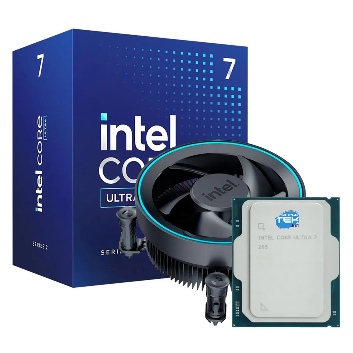 Procesor Intel Core Ultra 7, wentylator i niebieskie opakowanie.