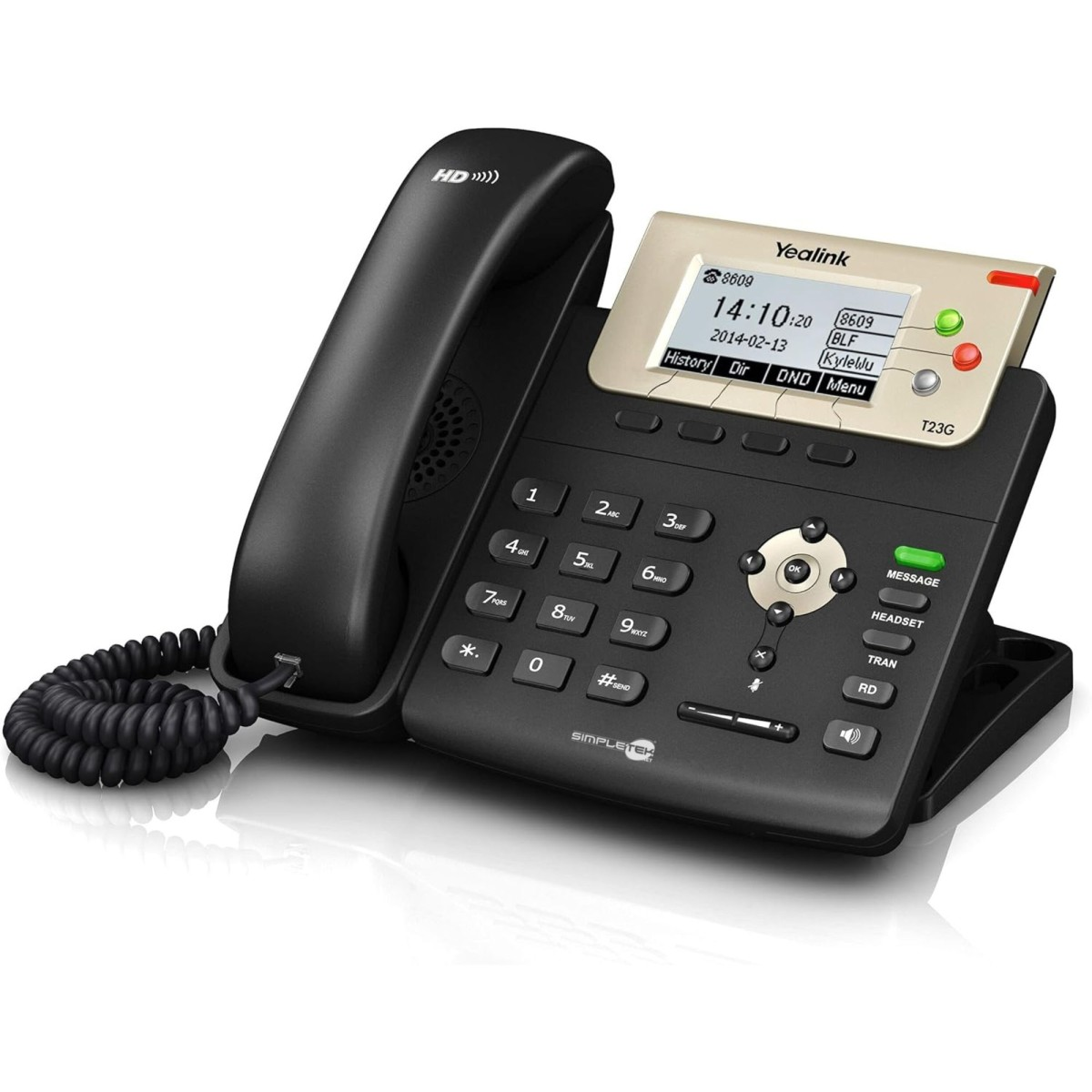 Un telefono da tavolo Yealink T23G nero con cornetta e display illuminato.