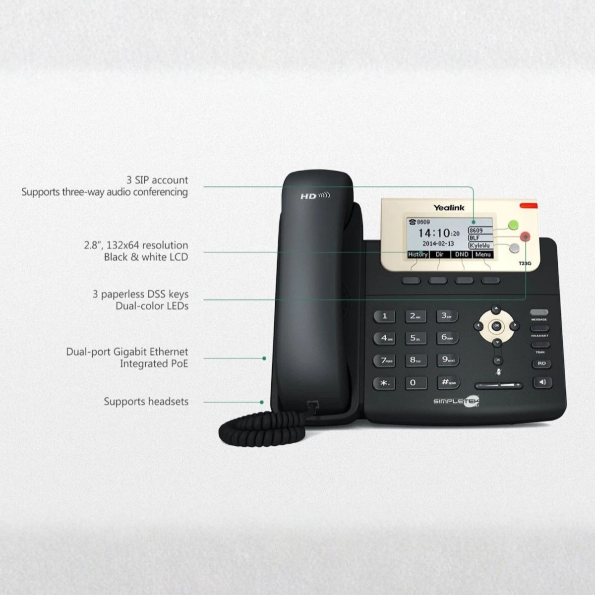 Un telefono da scrivania Yealink T23G nero con display, tastiera e cavo a spirale.
