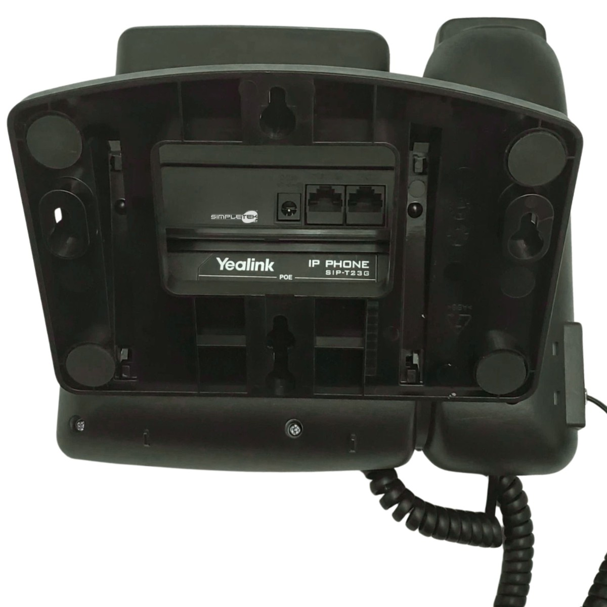 Retro di un telefono IP Yealink nero che mostra le porte per cavi di rete.