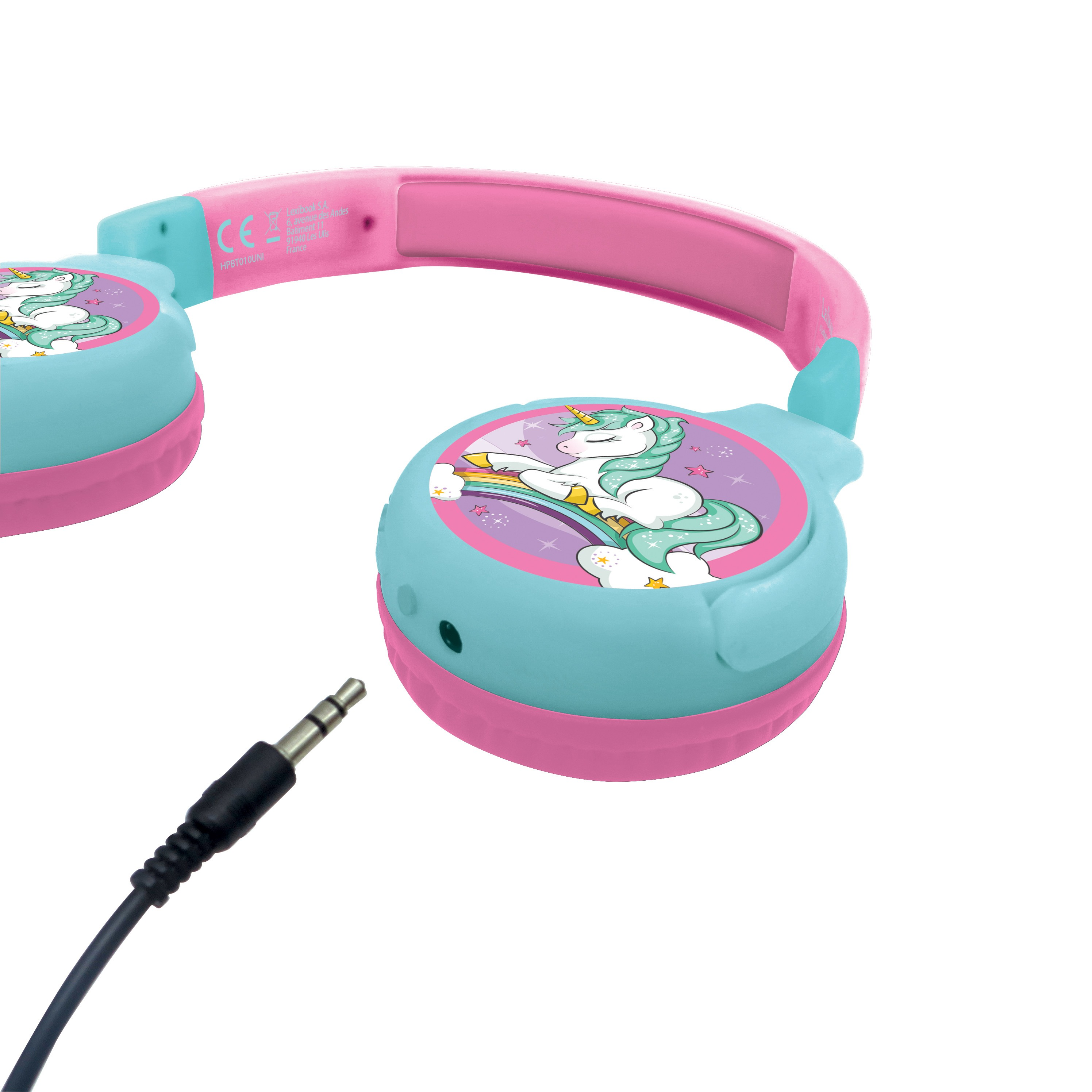 Auriculares turquesa con diseño de unicornio y diadema rosa. Cable cuelga delante.