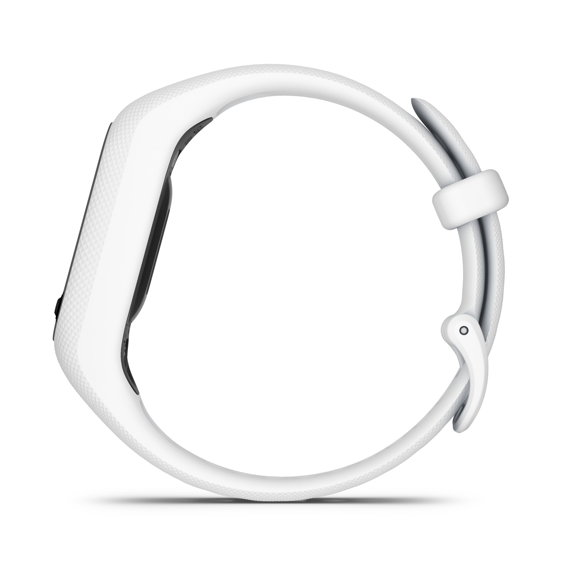 White textured smart watch with buckle, isolated on a white background.