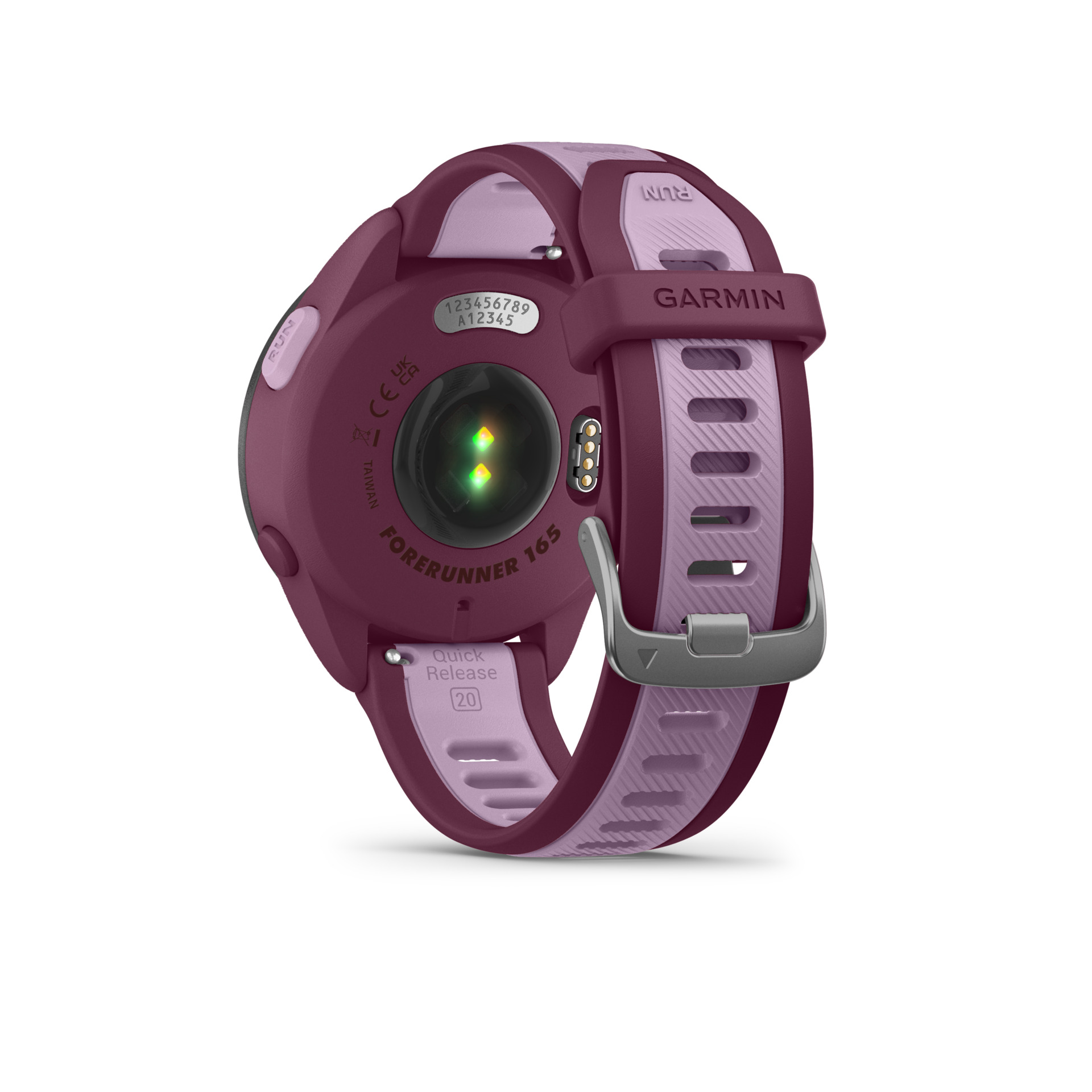 Parte trasera de un reloj inteligente Garmin Forerunner 165 color borgoña con correa lila.