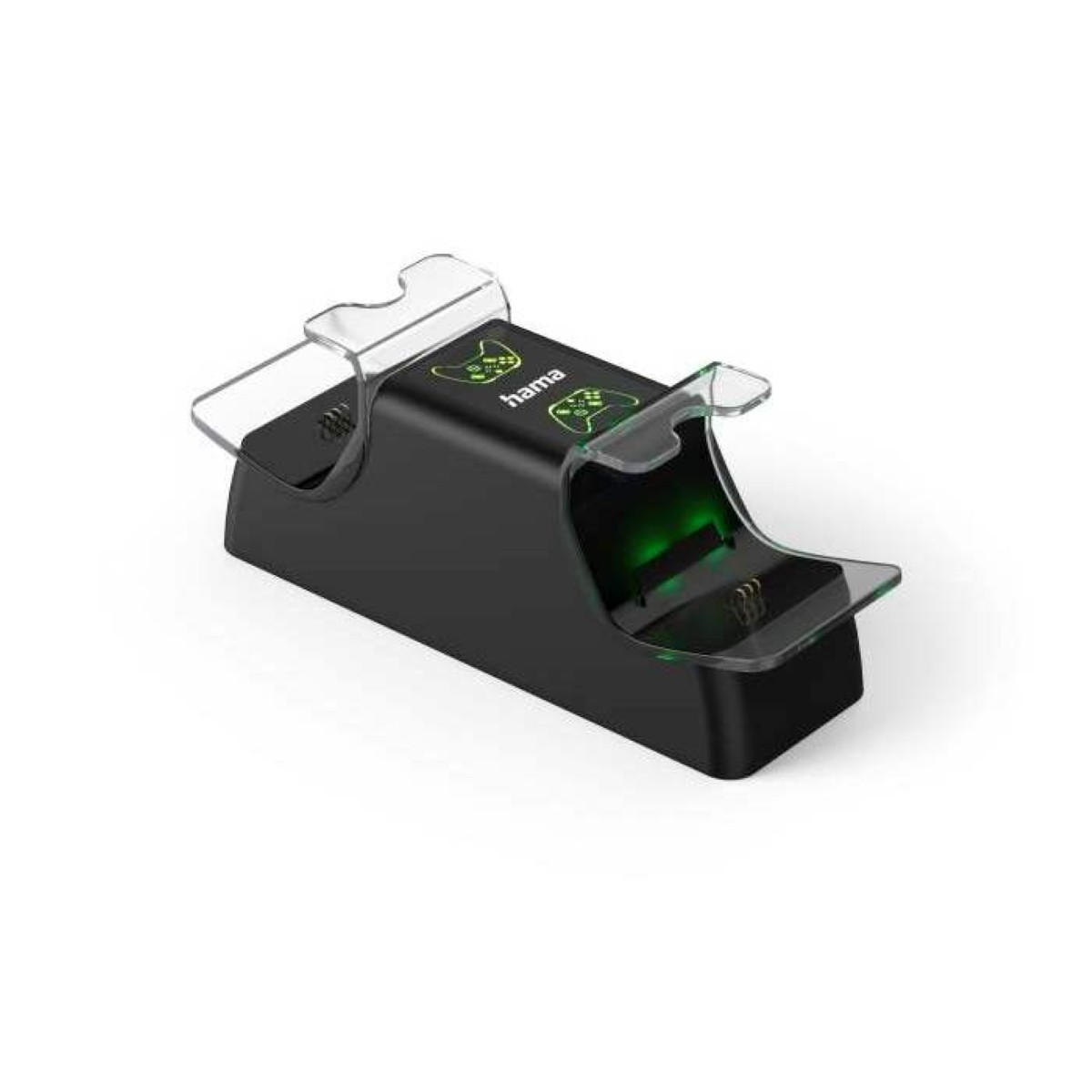 Schwarze Ladestation für Controller mit grünen Ladeanzeigen und Hama-Logo.