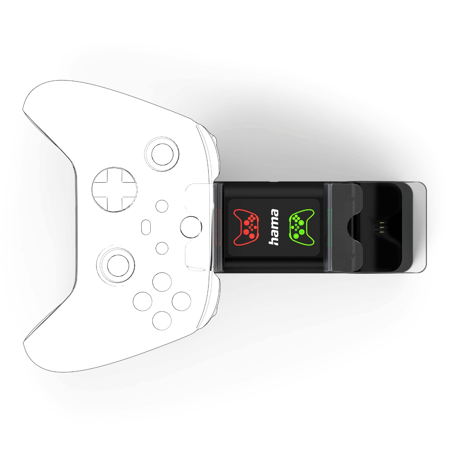 Ein weißer Controller mit einem schwarzen Ladeadapter, der rote und grüne Controller-Symbole zeigt.