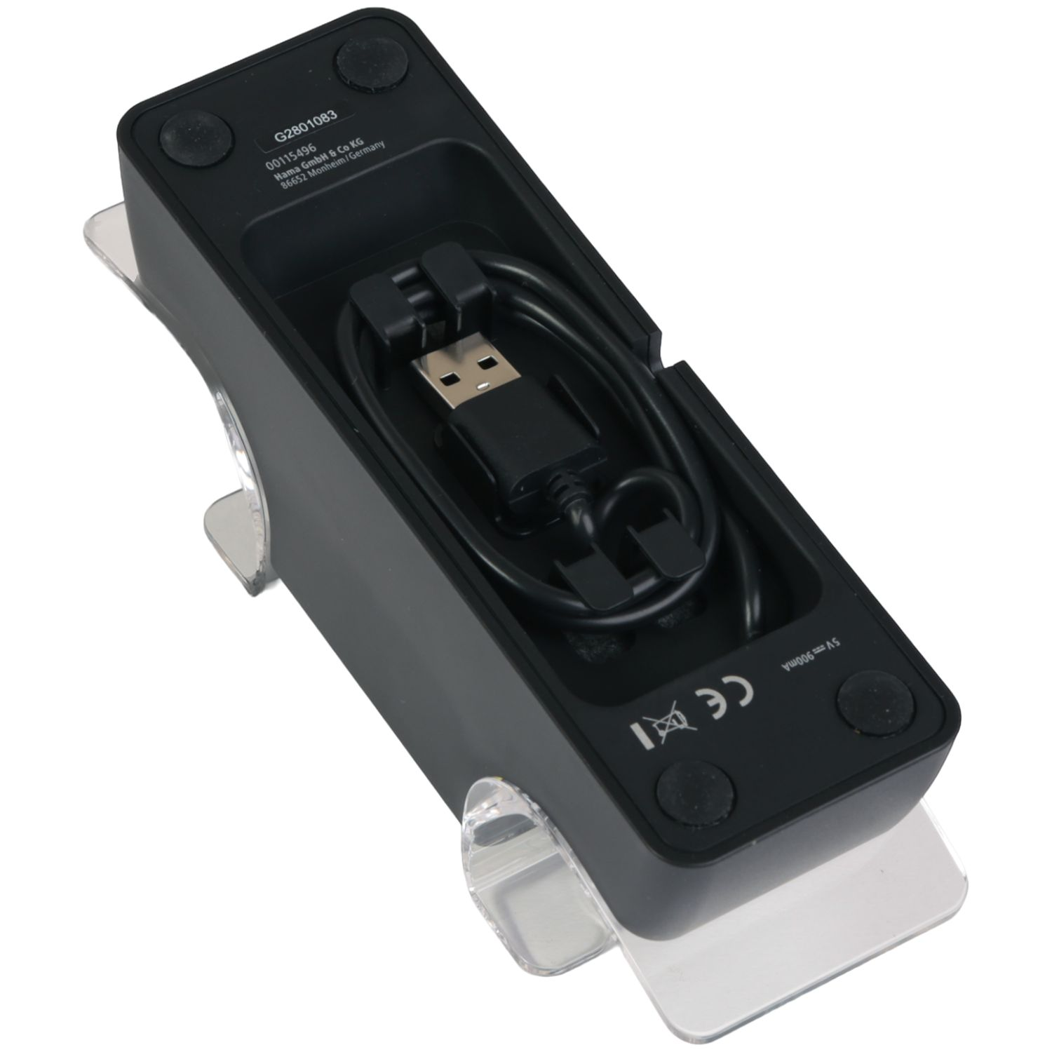 Schwarzes Lade-/Docking-Gerät mit USB-Kabel und CE-Kennzeichnung.