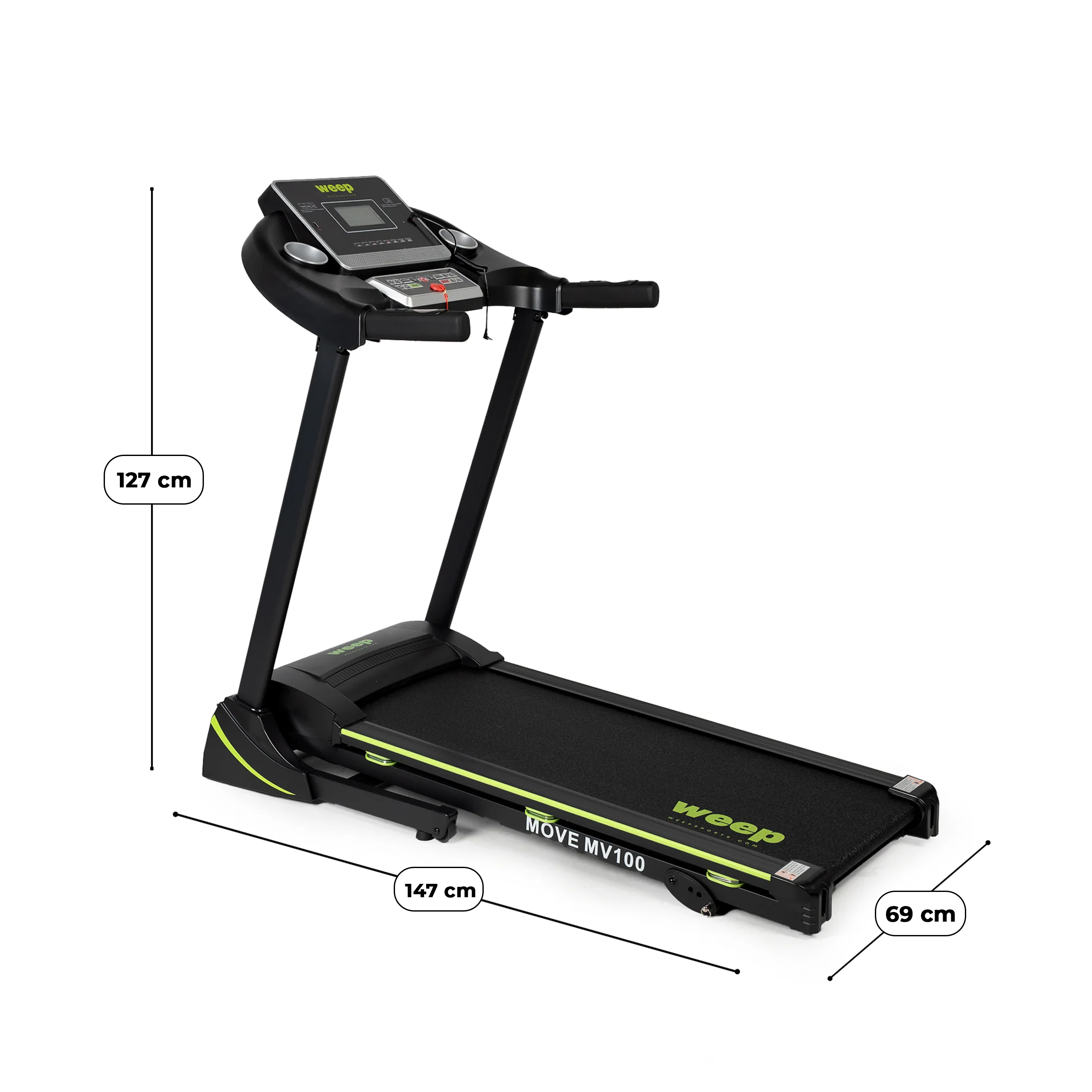 Czarna bieżnia z wyświetlaczem, poręczami i zielonymi akcentami.