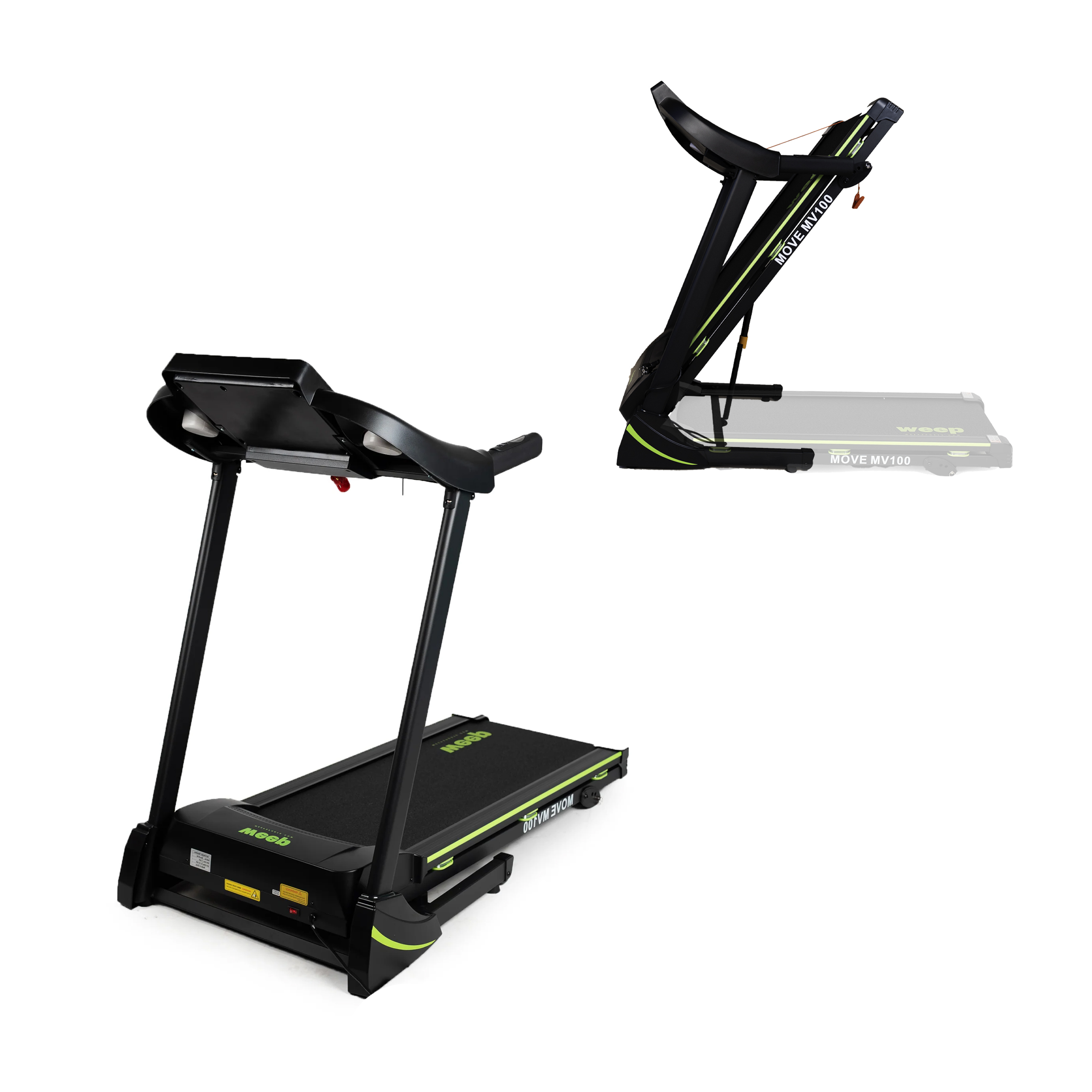 Czarna bieżnia z zielonymi akcentami, pokazana z różnych perspektyw.