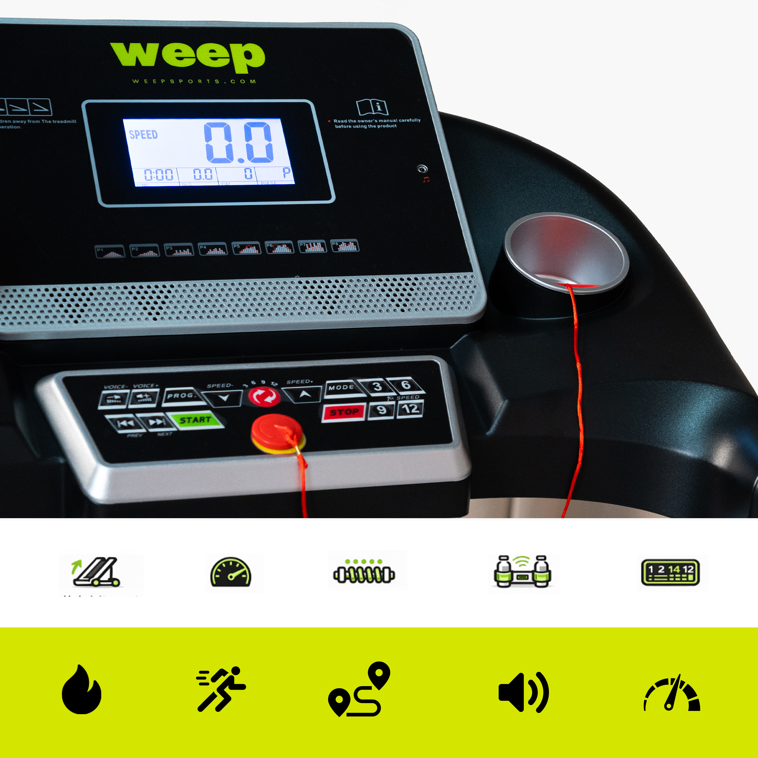 Konsola bieżni z cyfrowymi wskaźnikami prędkości i czasu.