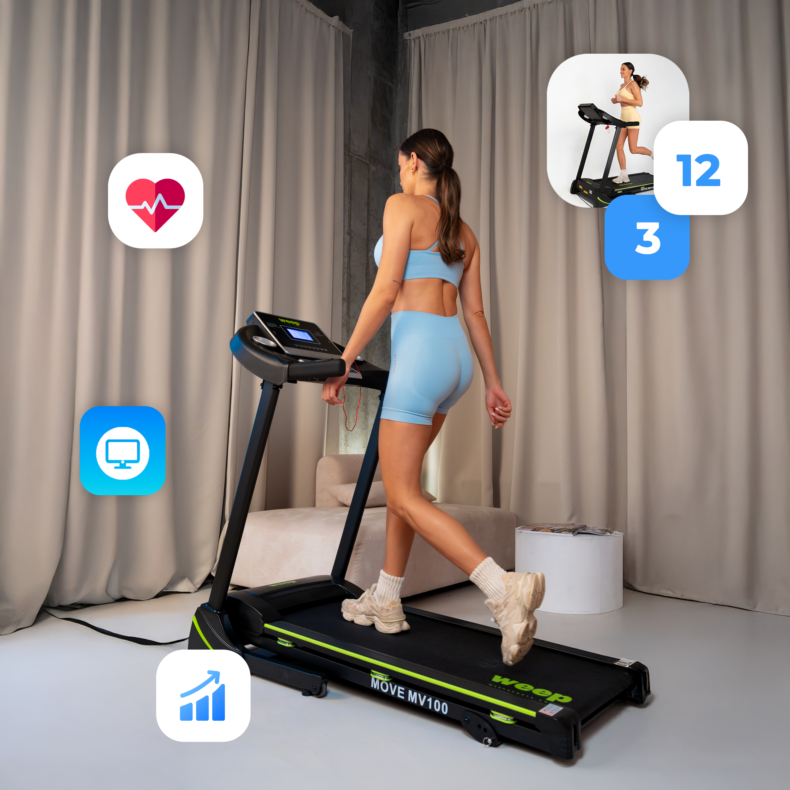Kobieta biegnie na bieżni, otoczona ikonami treningu.