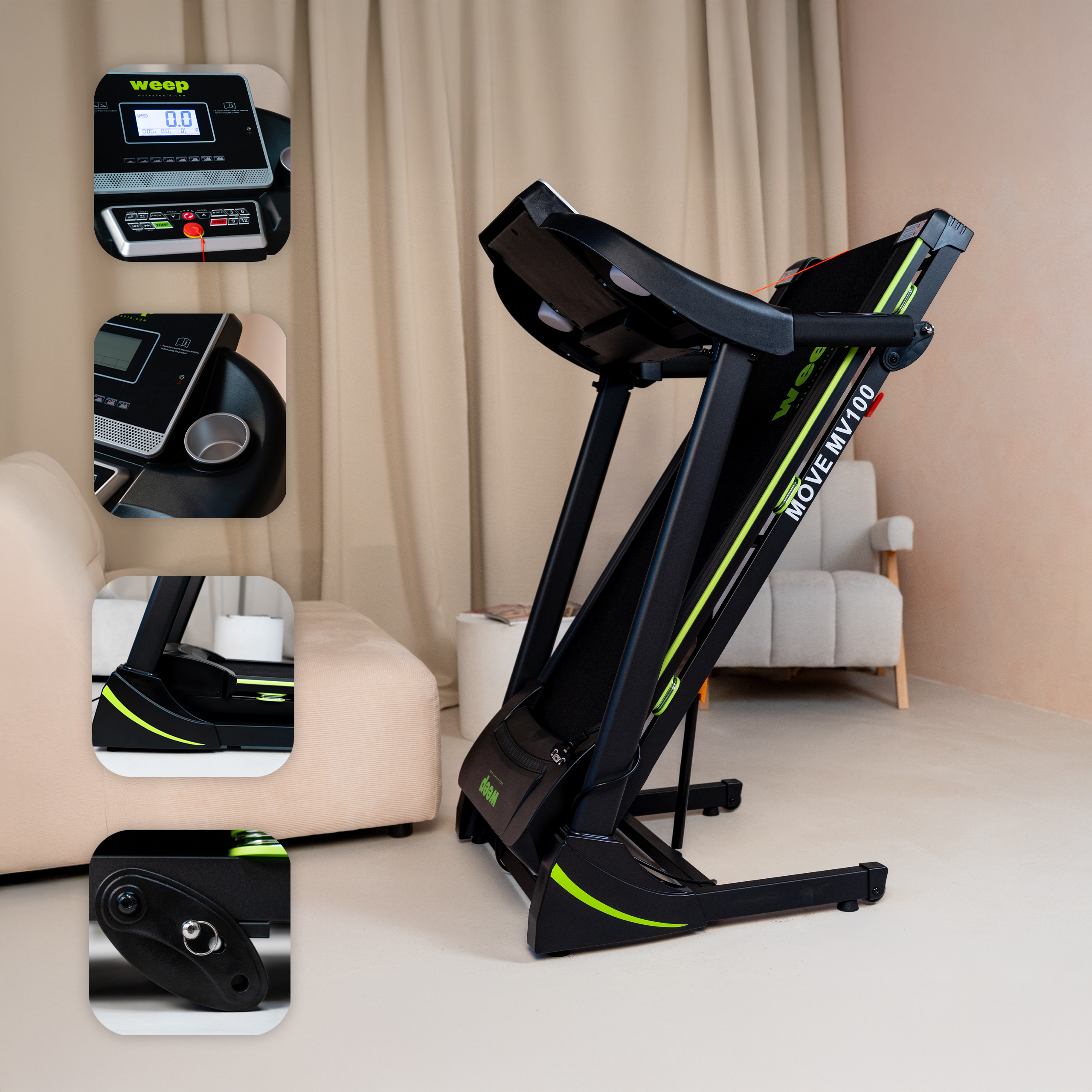 Czarna bieżnia z zielonymi akcentami w salonie.