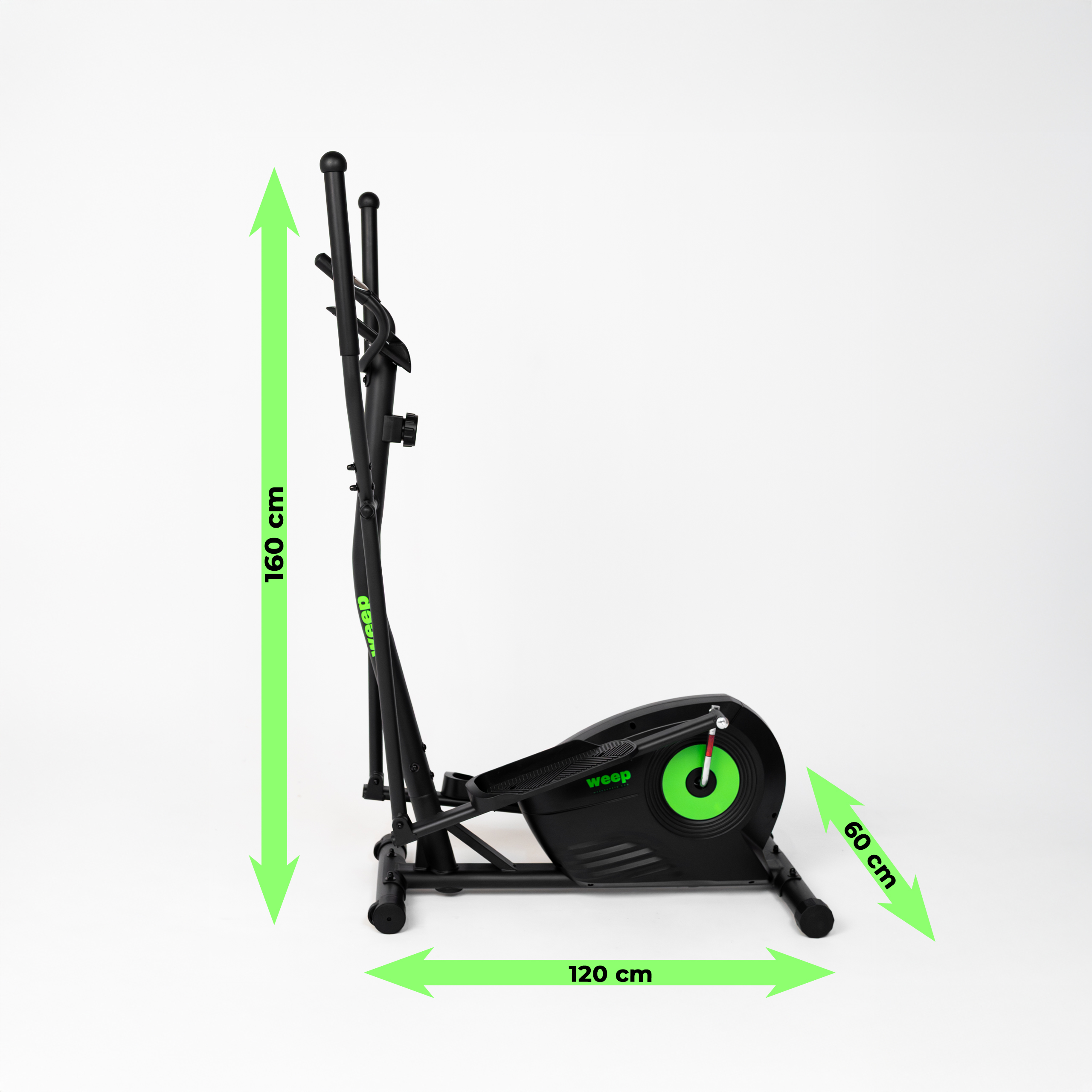 Czarny orbitrek z zielonymi akcentami. Wymiary: wysokość 160cm, długość 120cm, szerokość 60cm.