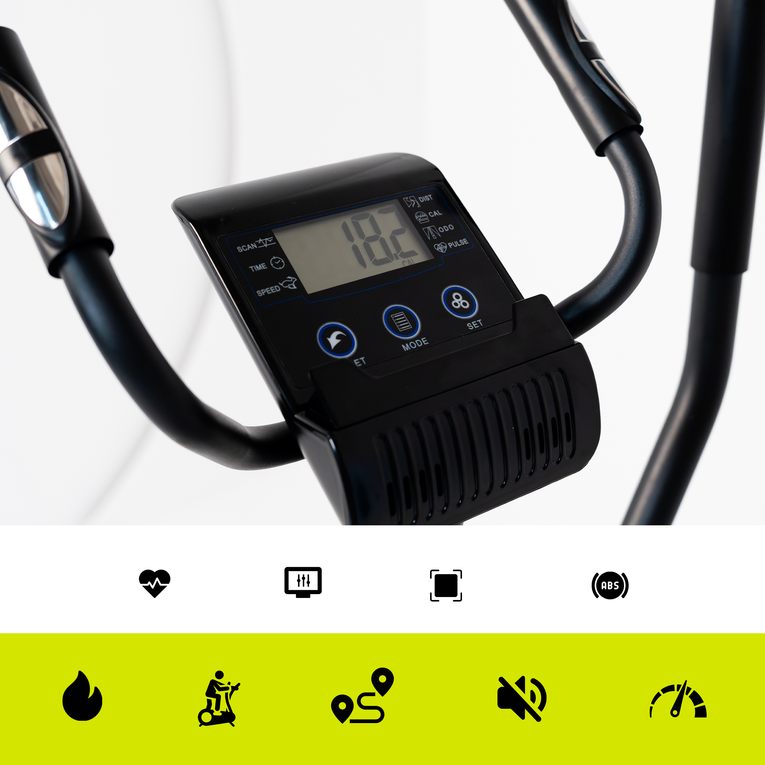 Konsola roweru treningowego pokazuje 18.2. Ikony: tętno, dystans, kalorie, tryb i puls.