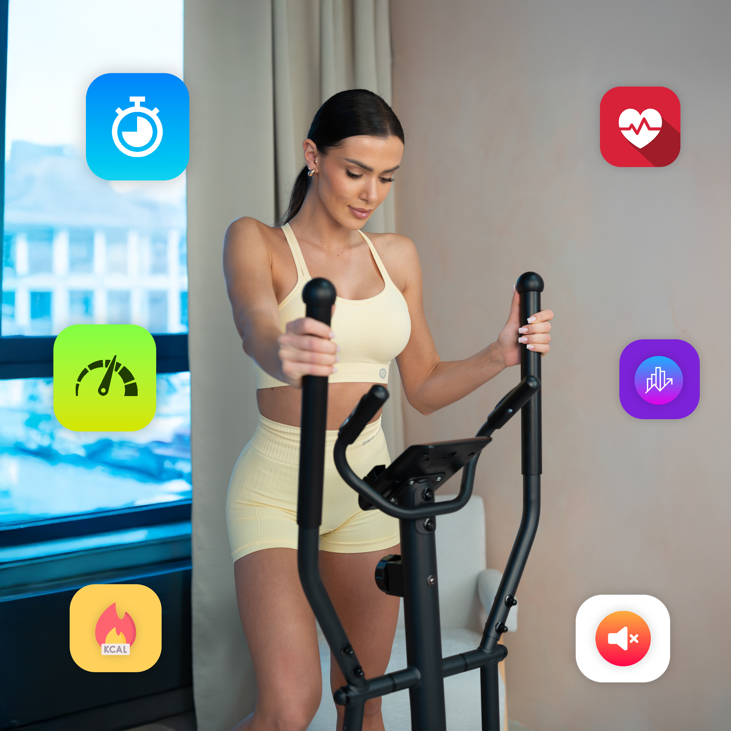 Kobieta na trenażerze eliptycznym, otoczona ikonami fitness.