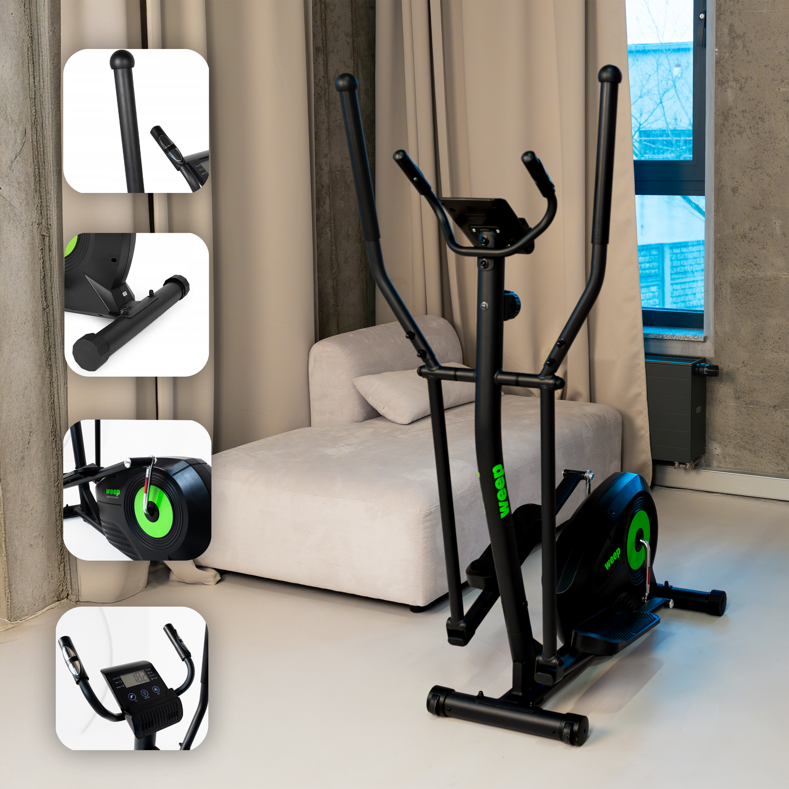 Czarny trenażer eliptyczny z zielonym kołem zamachowym i wyświetlaczem.