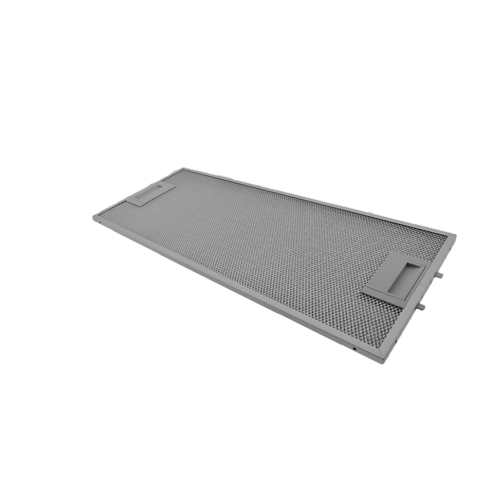 Grauer Metallfilter für Dunstabzugshaube mit rechteckigem Muster.