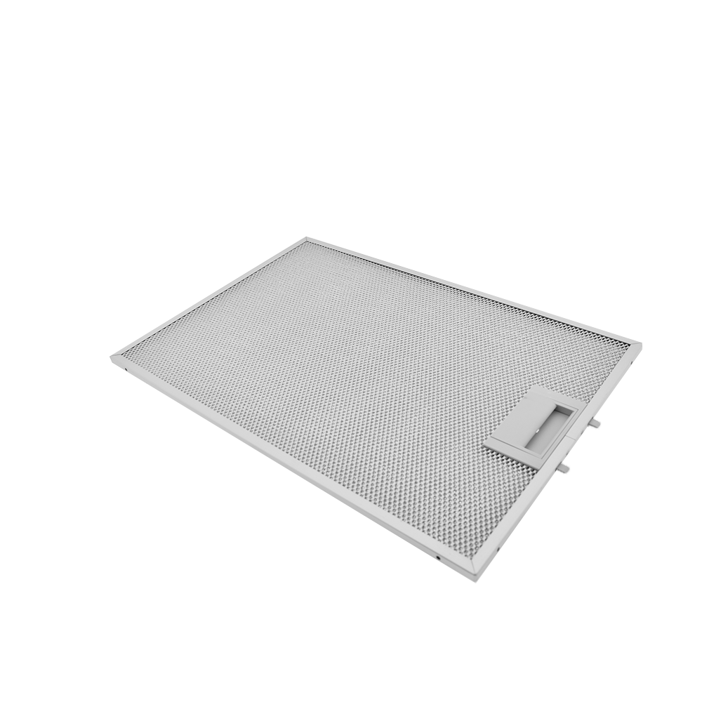 Ein rechteckiger Metallfilter mit einem Griff aus Aluminium auf weißem Hintergrund.