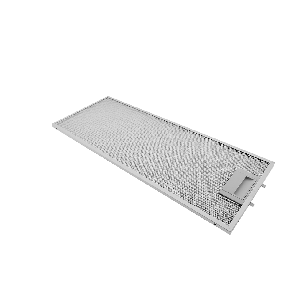 Ein rechteckiger Dunstabzugshaubenfilter aus Metall mit Gittermuster.