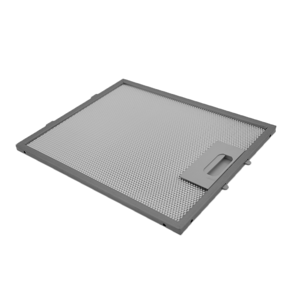 Grauer Dunstabzugshaubenfilter mit Griff aus Metall und Kunststoff.