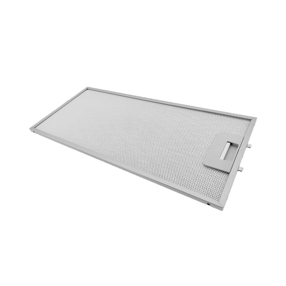 Un filtro metallico rettangolare per cappa aspirante con maniglia.