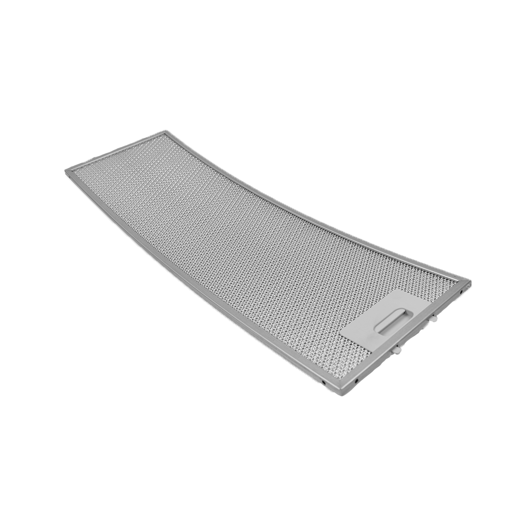 Un filtro metallico rettangolare a maglia fine con manico.