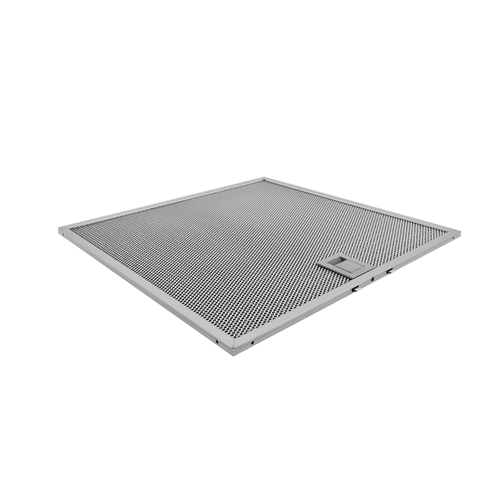 Ein rechteckiger Dunstabzugshaubenfilter aus Metall mit Griff.