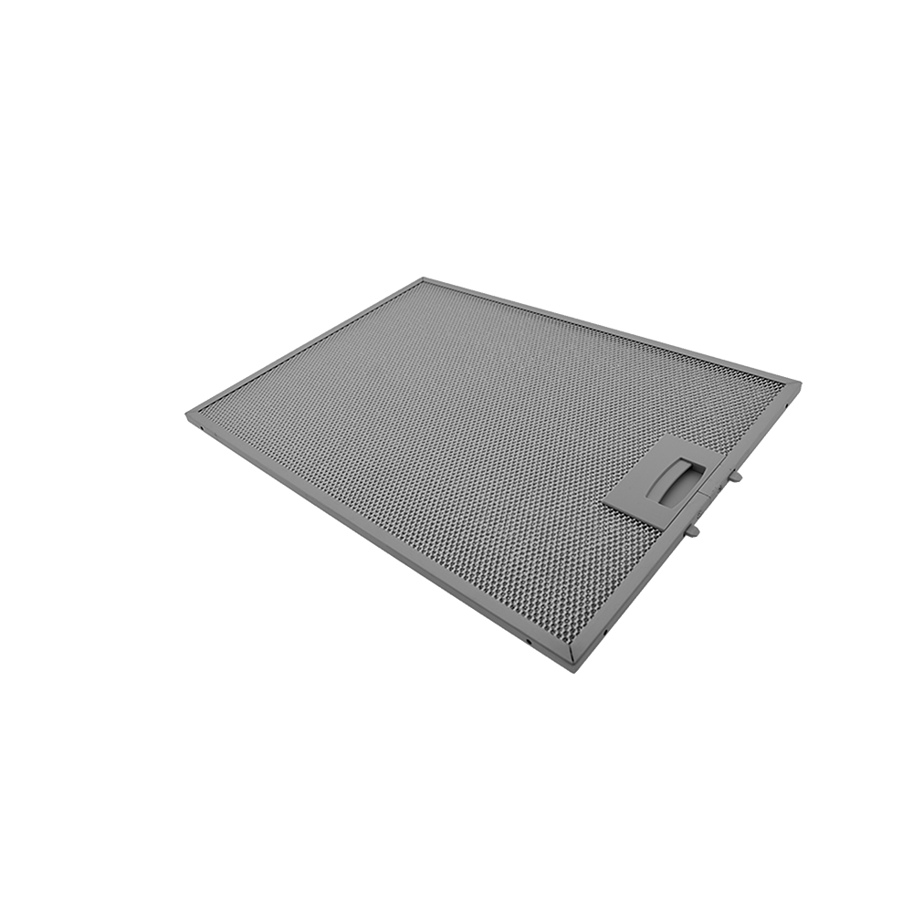 Grauer Metallfilter mit feiner Lochung und einem Griff.