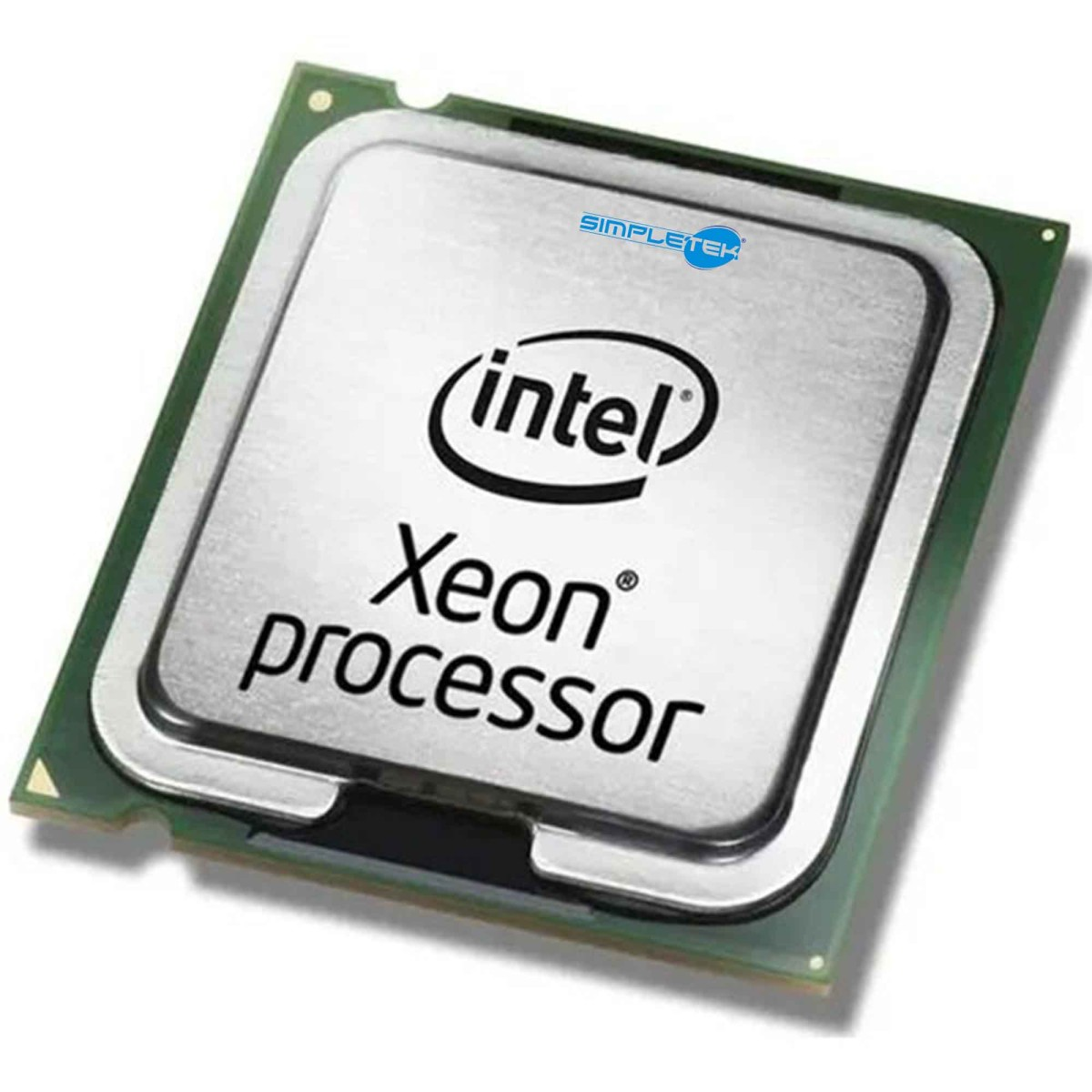 Procesor Intel Xeon z srebrną górą i zieloną płytką drukowaną.