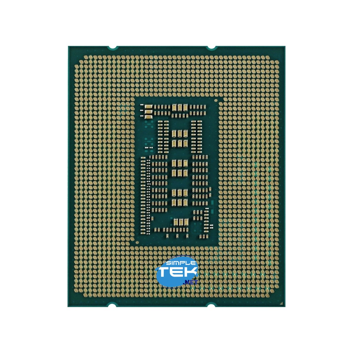 Tył procesora z wieloma złotymi pinami i niebieskim logo.