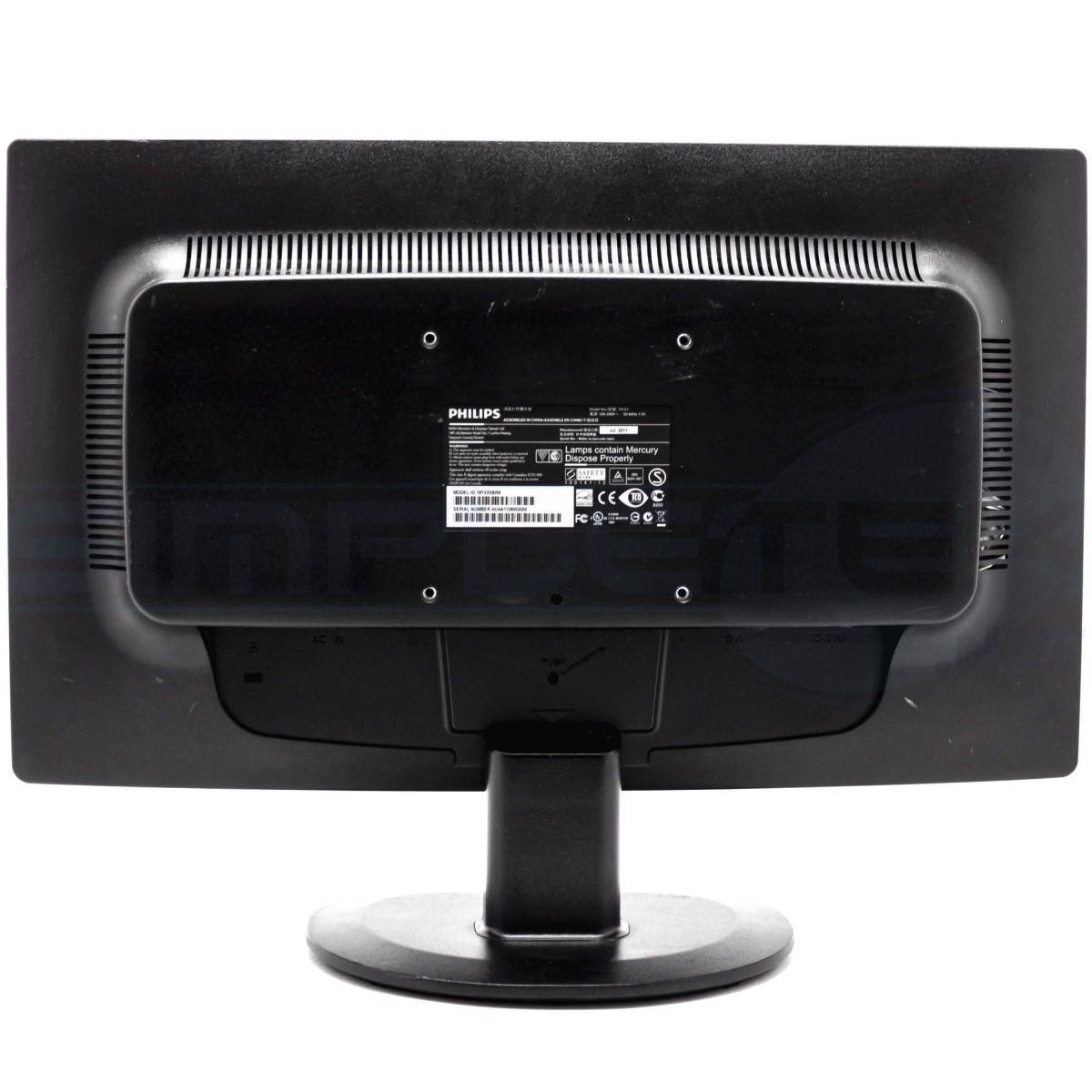 Il retro di un monitor Philips nero con prese d'aria e porte.