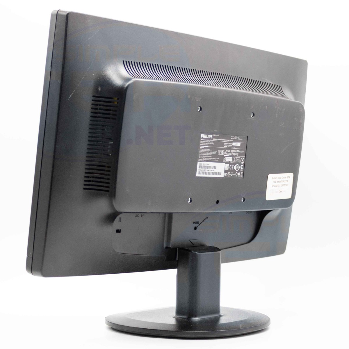 Vista posteriore di un monitor Philips nero con prese d'aria ed etichette.