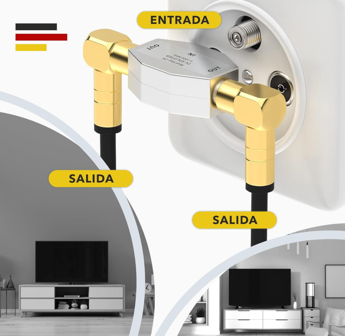 Un divisor de TV con conectores dorados enchufado a una toma de pared.