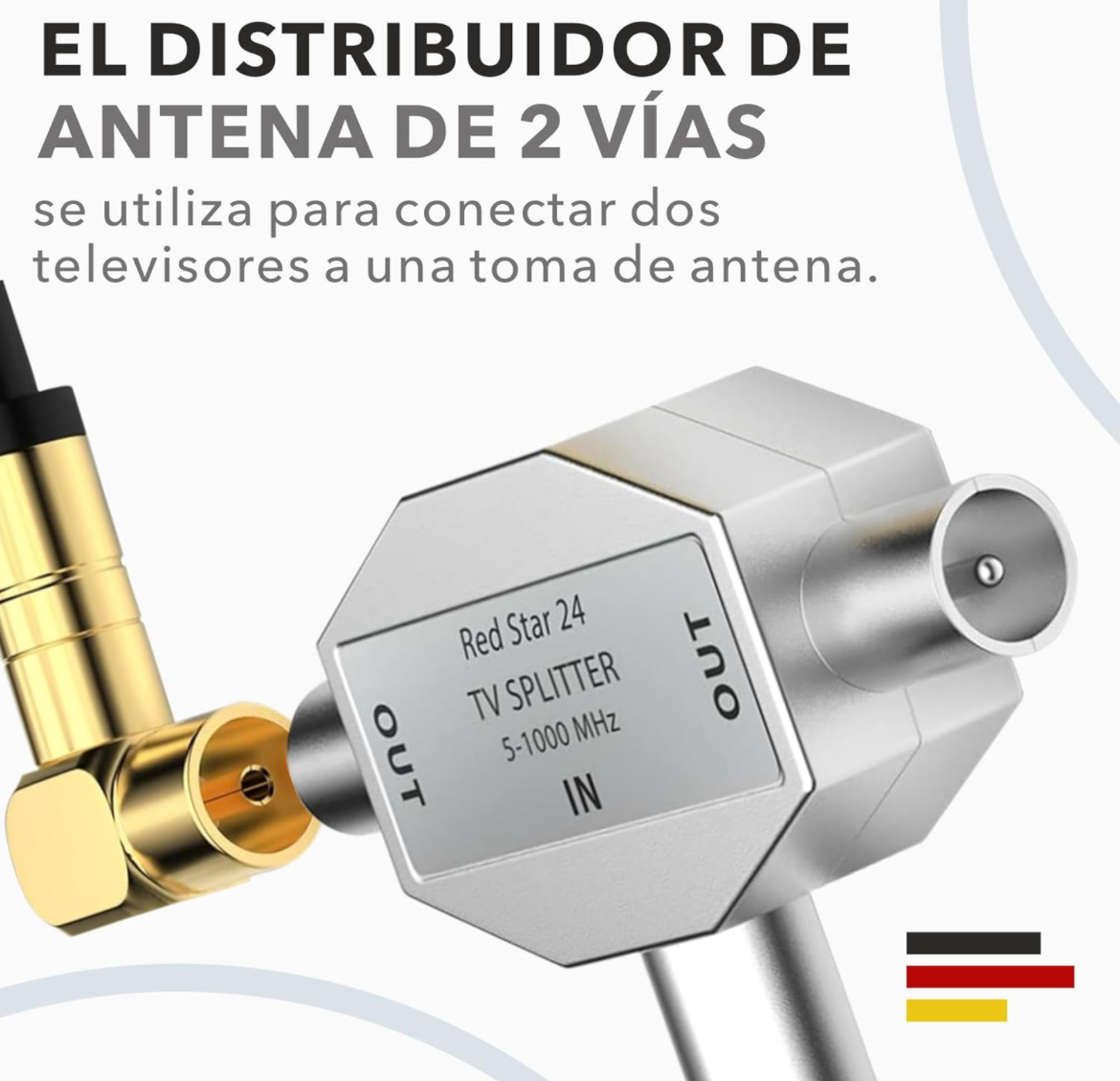Un divisor de antena de TV plateado con conectores dorados. 