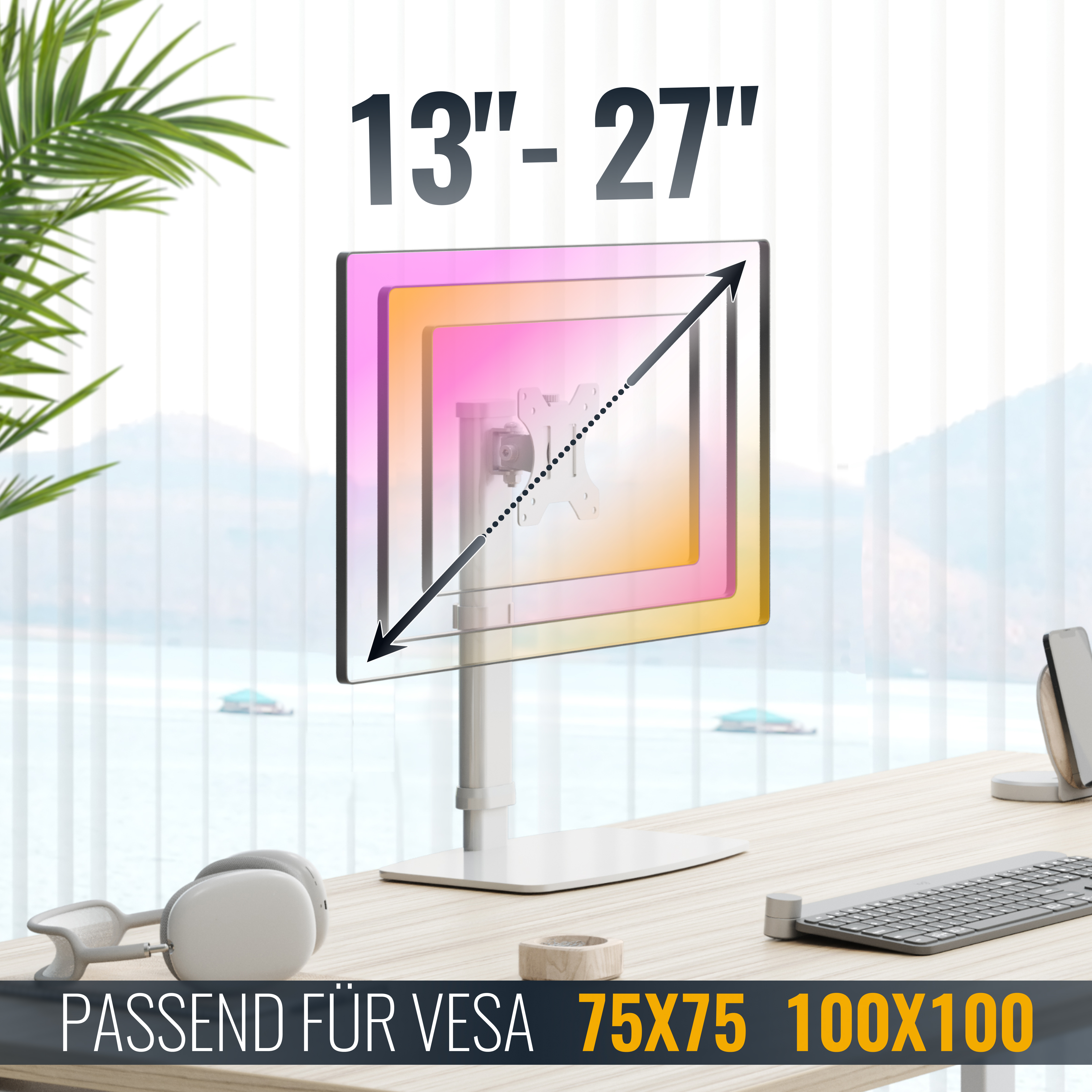 Monitorhalterung für 13-27 Zoll Bildschirme, VESA 75x75/100x100.