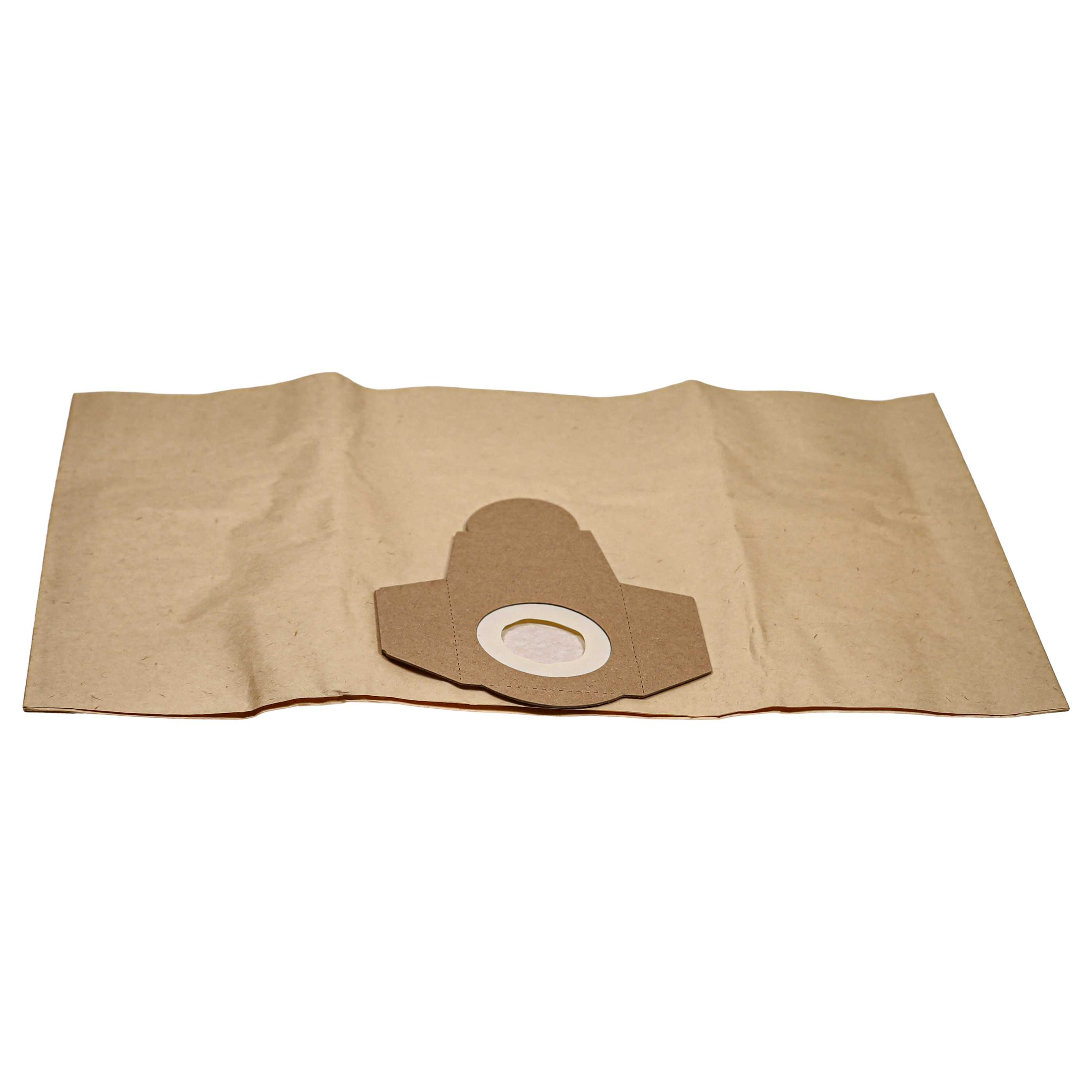 Ein brauner Papierstaubsaugerbeutel mit einem kreisförmigen Ausschnitt und einem weißem Rand.