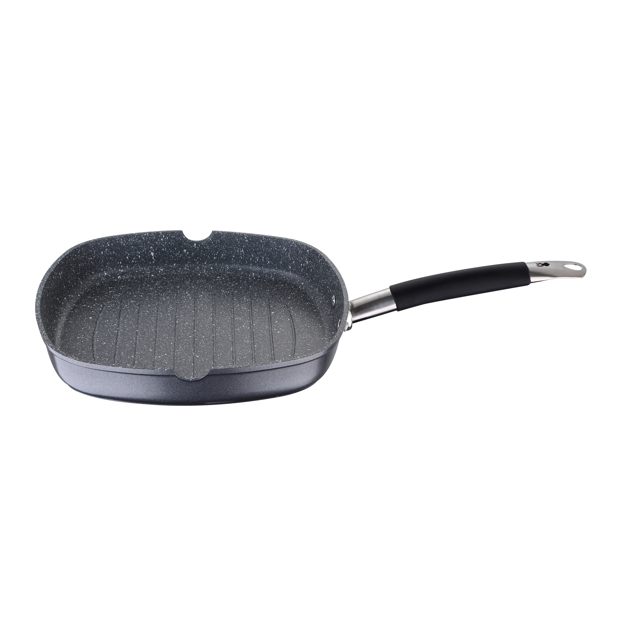 Una padella grill grigia con fondo scanalato e manico nero.