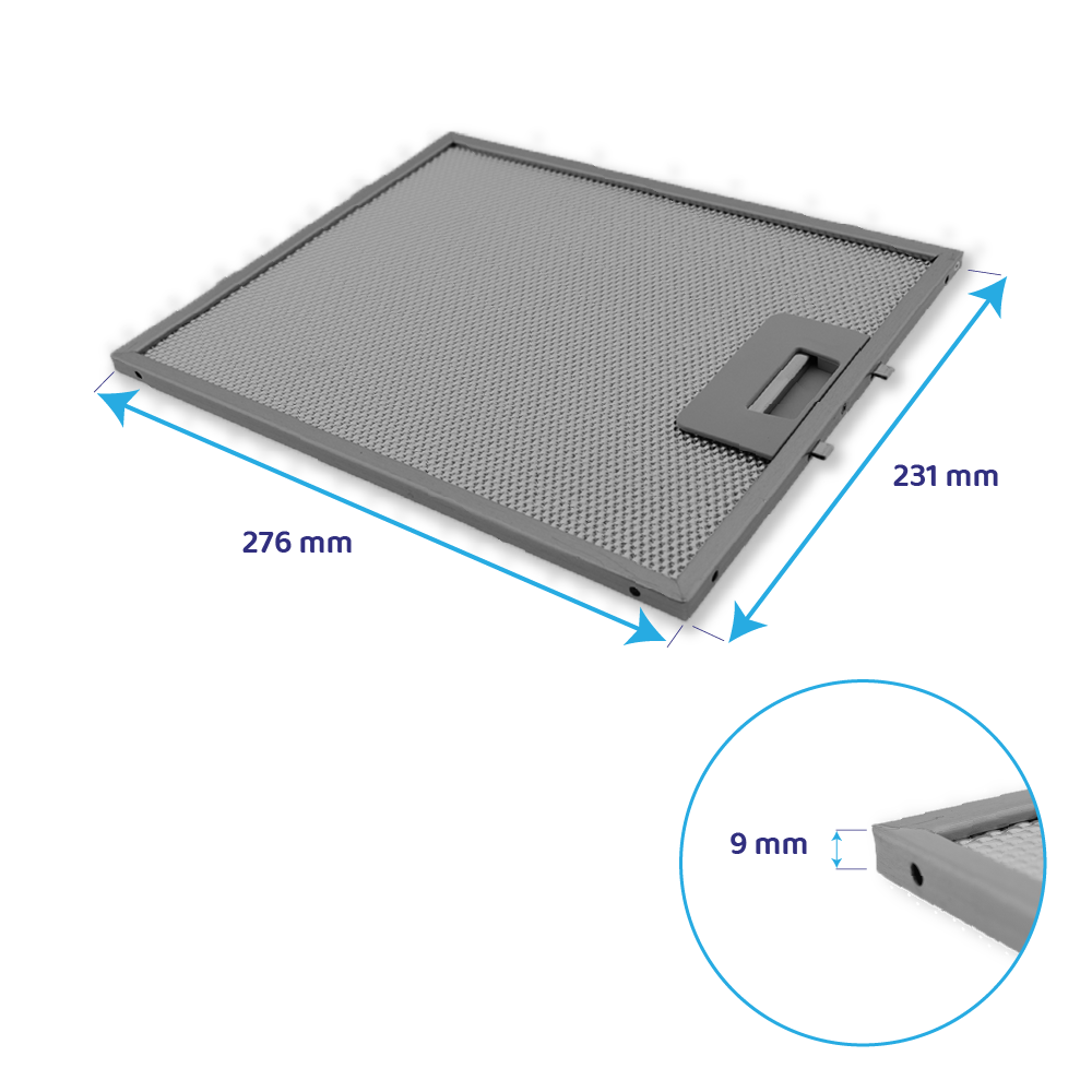 Grauer Dunstabzugshaubenfilter mit Maßen 276x231x9 mm.