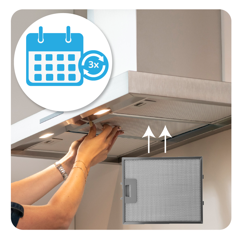 Hände wechseln Fettfilter einer Dunstabzugshaube. Kalender-Icon zeigt 3x an.