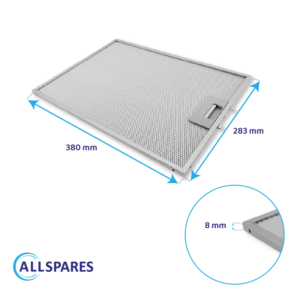 Filtro cappa metallico, 380x283x8 mm, con maniglia e logo ALLSPARES.