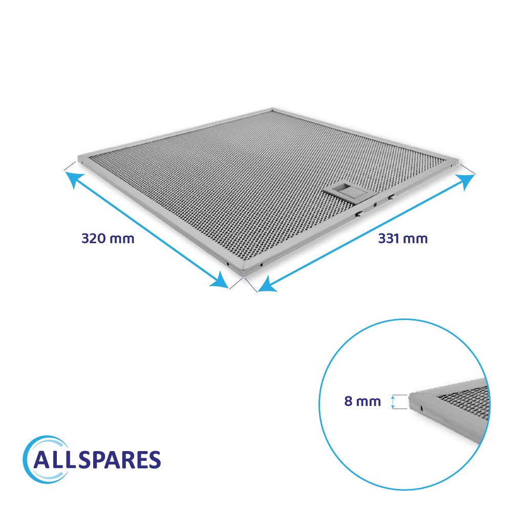 Metallischer Dunstabzugshaubenfilter, 320x331x8 mm, mit ALLSPARES-Logo.