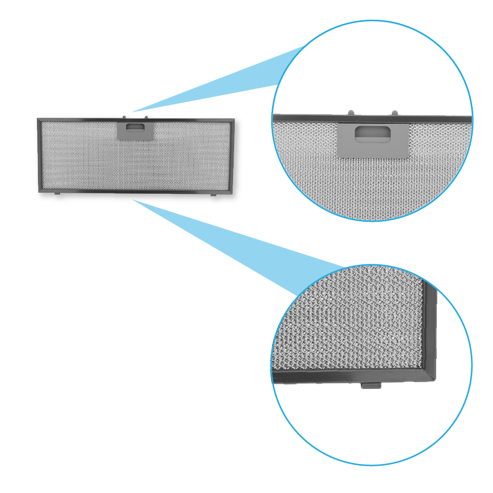 Ein Metallfilter für eine Dunstabzugshaube mit Vergrößerungen.