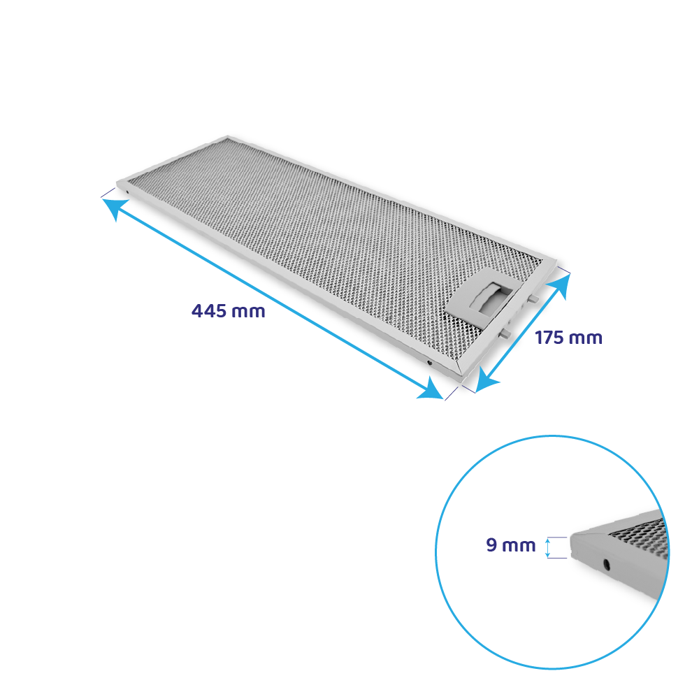 Metallfilter mit Maßen 445 x 175 x 9 mm, mit Griff.