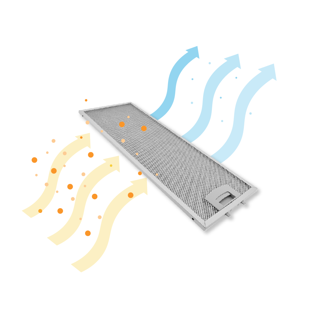 Ein Metallfilter mit orangefarbenen Partikeln strömt nach links, blaue Pfeile nach rechts.