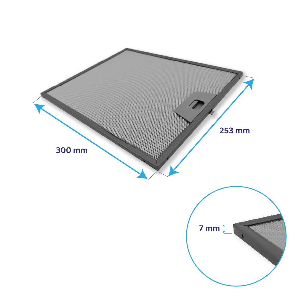 Ein Dunstabzugshaubenfilter aus Metall mit Maßen 300x253 mm und einer Dicke von 7 mm.