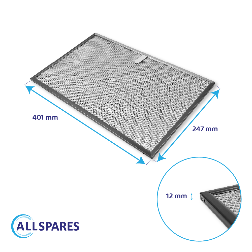 Filtro metallico cappa con dimensioni: 401 mm, 247 mm, 12 mm.