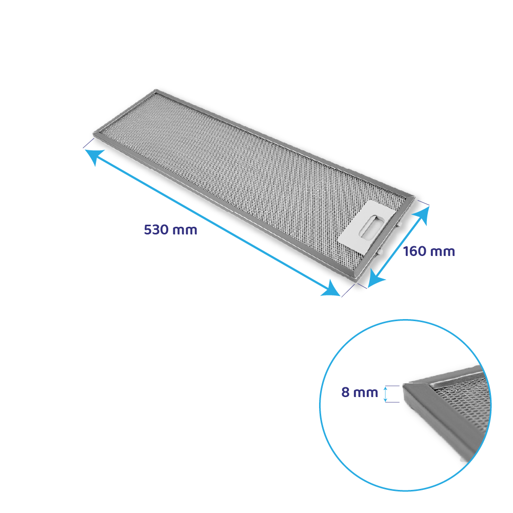 Metallfettfilter mit Maßen 530x160x8 mm, mit Griff.